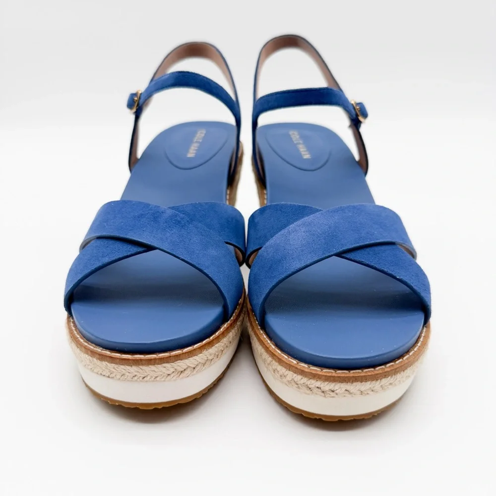 Cole Haan Cloudfeel Silvee Espadrille Wedge Suede Sandals Comfort Blue 8.5 NEW